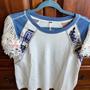 Free People Blue and White Knit Top